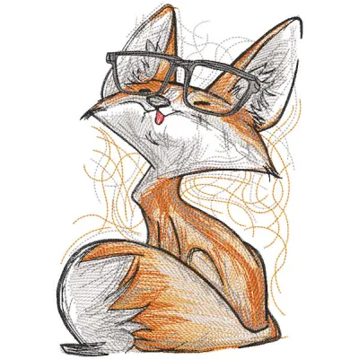 Detailed embroidery design of a fox wearing glasses, showcasing intricate stitching and vibrant colors.