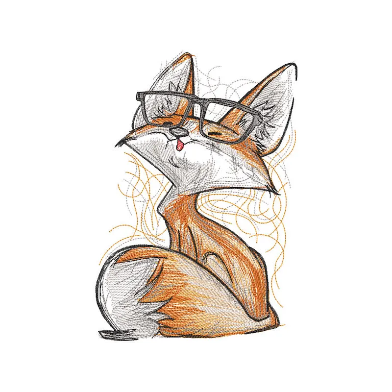 Detailed embroidery design of a fox wearing glasses, showcasing intricate stitching and vibrant colors.