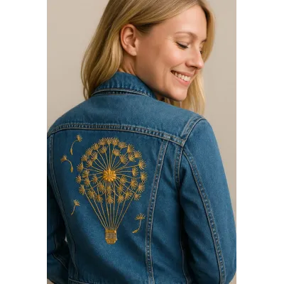 Closeup of a dandelion hot air balloon embroidery design showcasing floral motifs for creative stitching projects.