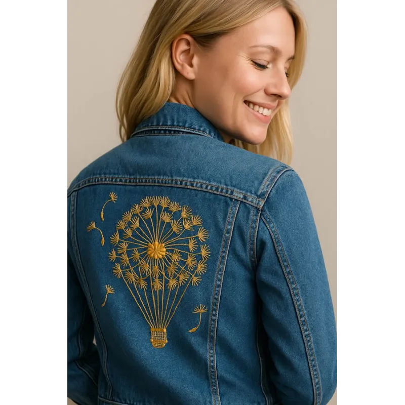 Closeup of a dandelion hot air balloon embroidery design showcasing floral motifs for creative stitching projects.