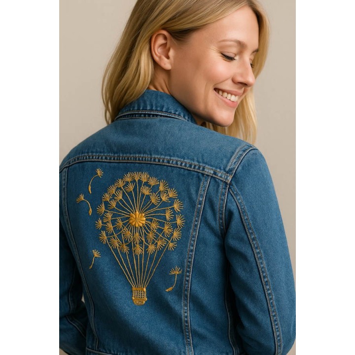 Closeup of a dandelion hot air balloon embroidery design showcasing floral motifs for creative stitching projects.