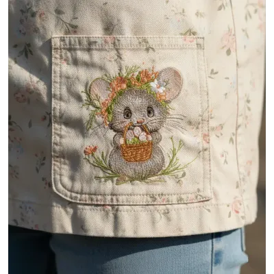 Closeup of an Easter mouse embroidery design featuring a mouse with a basket of colorful eggs.