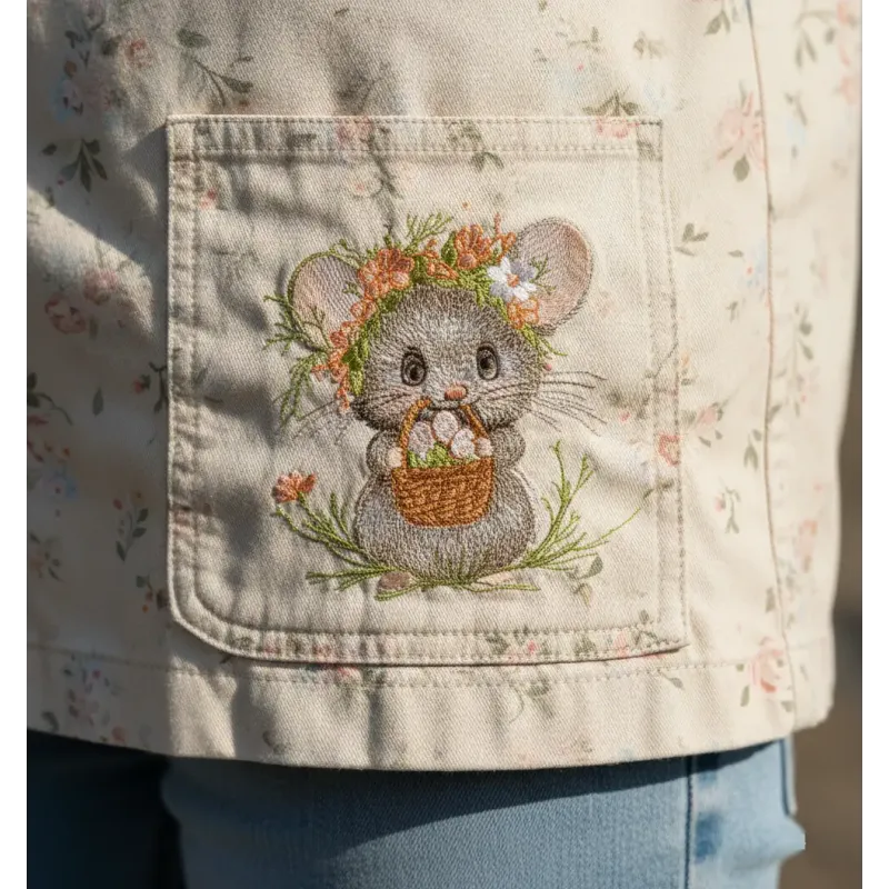 Closeup of an Easter mouse embroidery design featuring a mouse with a basket of colorful eggs.