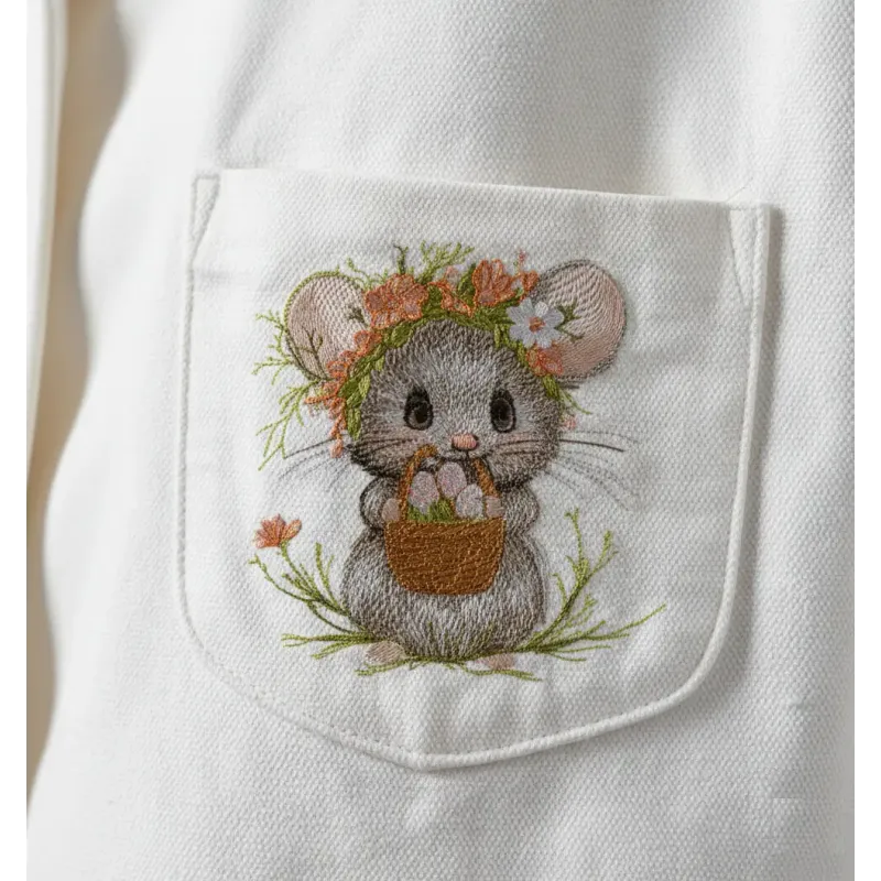 Easter mouse embroidery design featuring a cheerful mouse with a basket of colorful eggs.