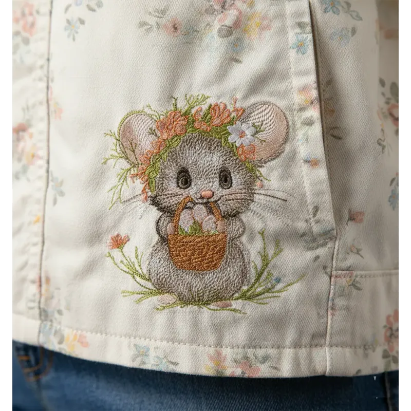 Easter mouse embroidery design featuring a cute mouse holding a basket of colorful eggs, perfect for festive projects.