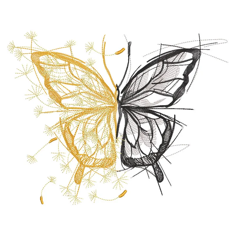 Black and gold butterfly embroidery design featuring intricate details and elegant patterns, perfect for decorative use.