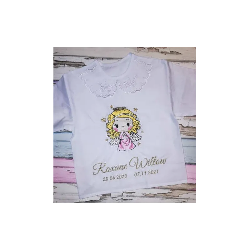 Embroidery design of a baby angel holding a gold star, perfect for embellishing baby onesies or blankets.