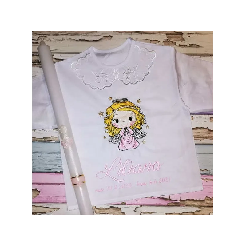 Embroidery design of a baby angel holding a gold star, ideal for stitching on baby onesies or blankets.