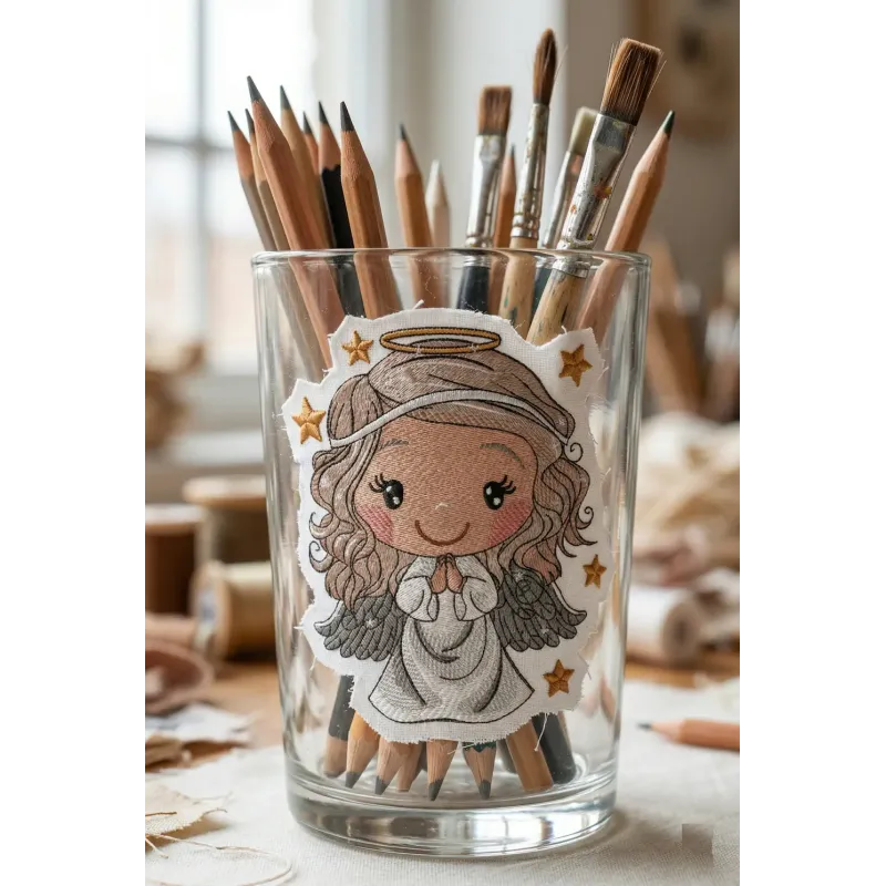 Preview of a baby angel with a gold star embroidery design, showcasing a charming stitched motif for creative projects.