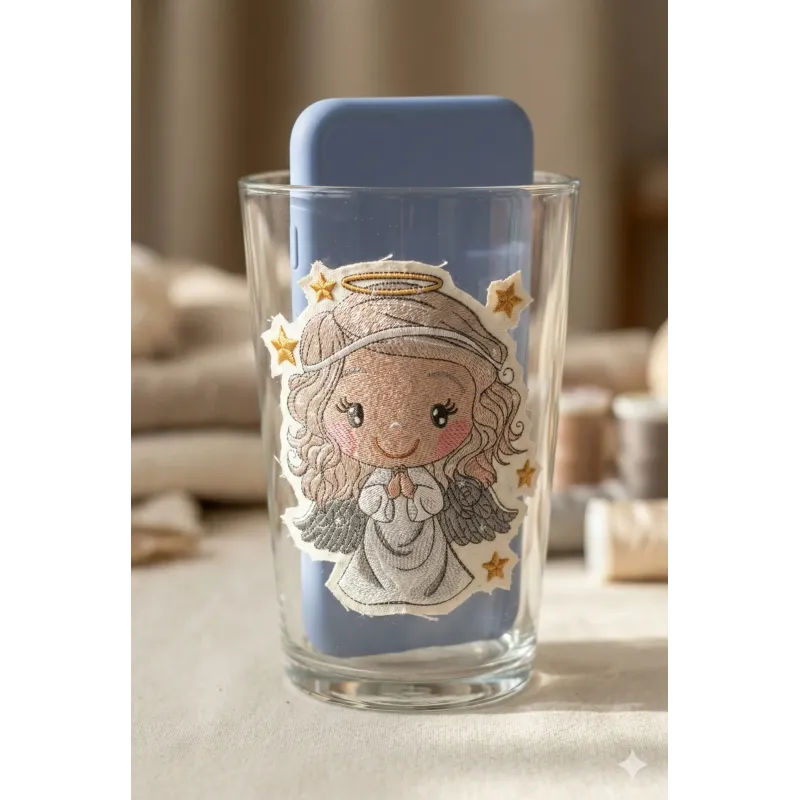 Embroidery design of a baby angel holding a gold star, ideal for stitching on baby onesies or blankets.