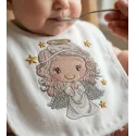 Embroidery design of a baby angel holding a gold star, showcasing intricate stitching details.