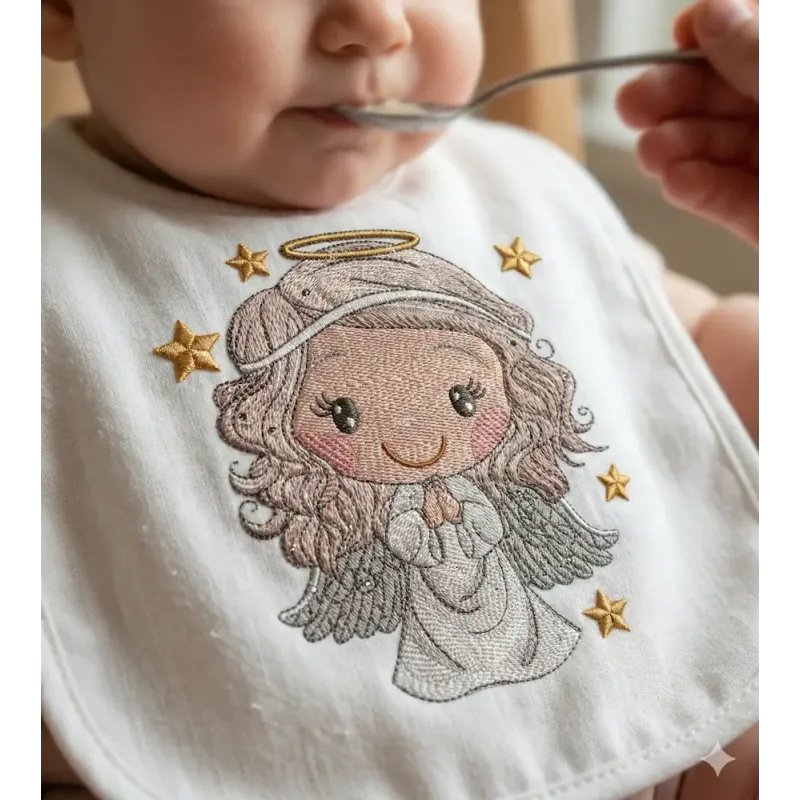 Embroidery design of a baby angel holding a gold star, showcasing intricate stitching details.