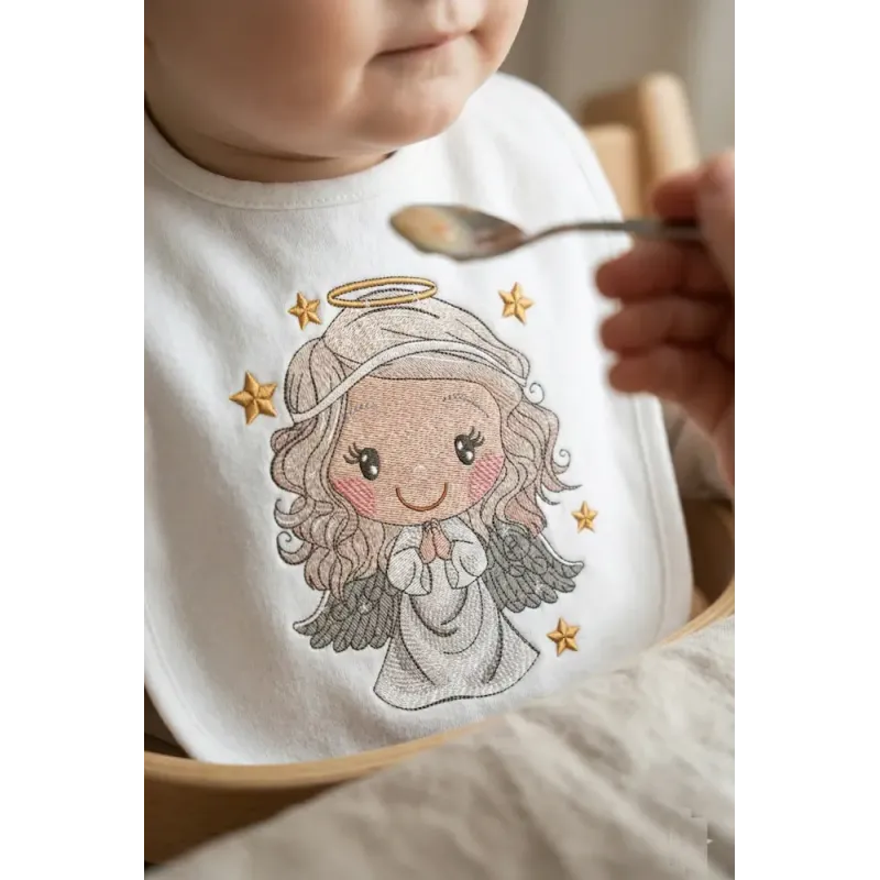Embroidery design of a baby angel holding a gold star, ideal for stitching on baby onesies or blankets.