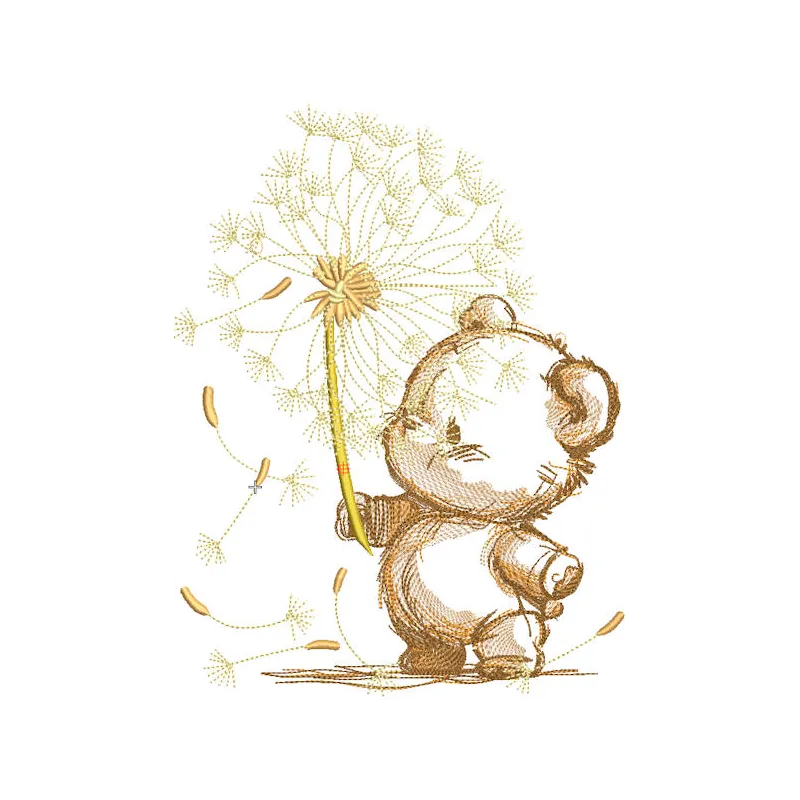 Teddy bear with dandelion embroidery design, featuring soft fur and intricate stitched details.