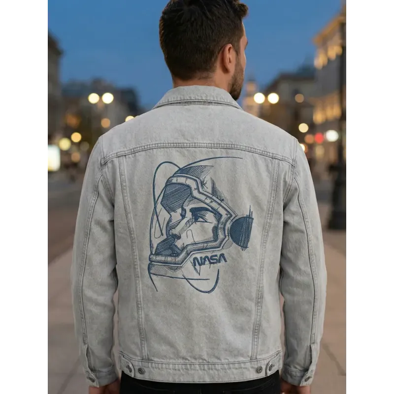 Closeup preview of an astronaut in a helmet embroidery design from the Fantastic World collection.