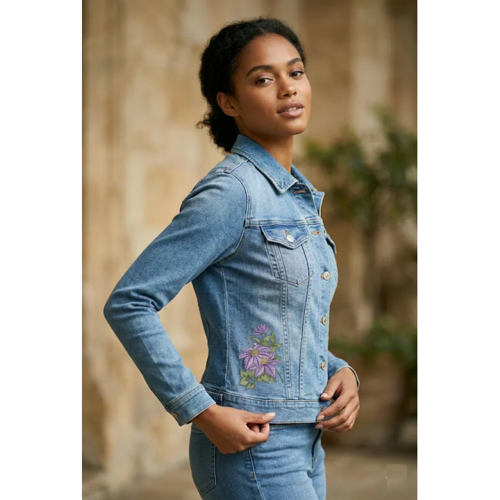 Closeup of the Clematis minister bouquet embroidery design showcasing detailed floral motifs.