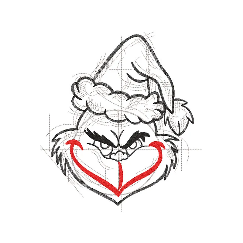 Colorful 'How to draw Grinch' embroidery design featuring the Grinch character in a playful pose.