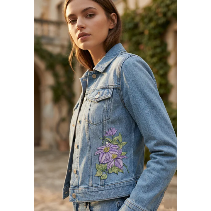 Clematis minister bouquet embroidery design showcased on a vibrant fabric background, featuring intricate floral details.