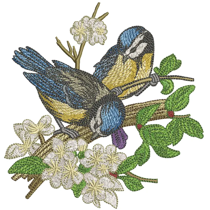 Embroidery design featuring blue tits perched on an apple tree, ideal for your next creative project.