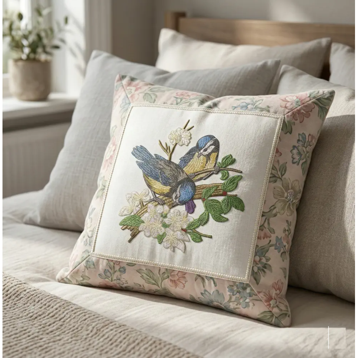 Closeup of blue tits on apple tree embroidery design, showcasing intricate details and vibrant colors.