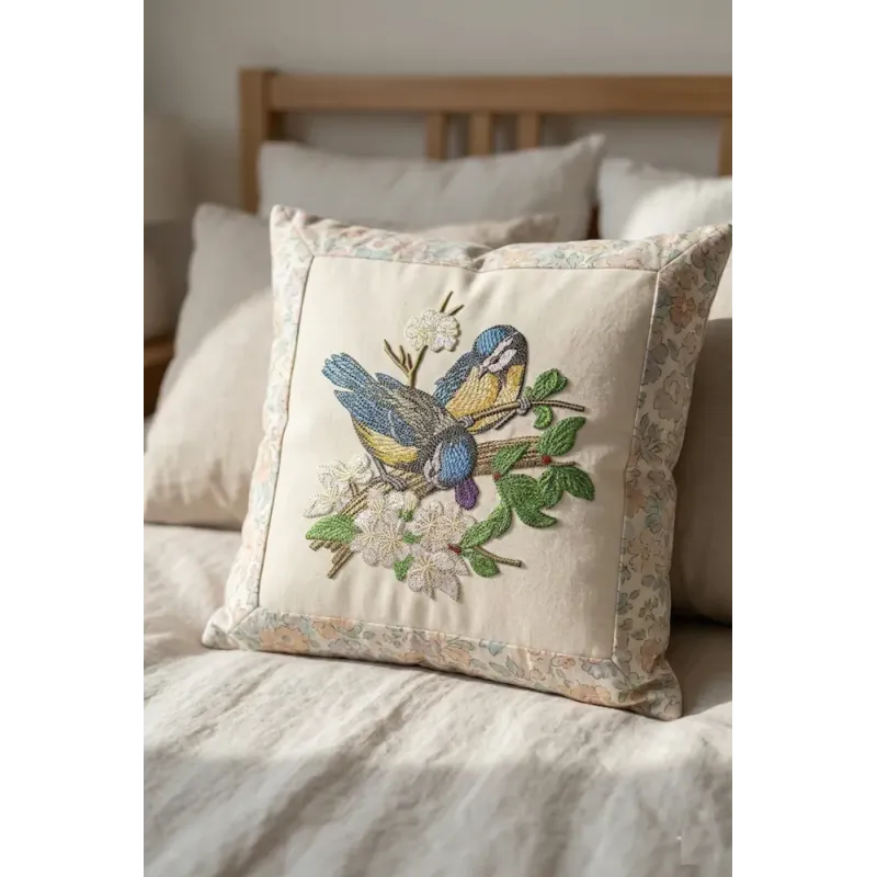 Embroidery design of blue tits perched on an apple tree, showcasing intricate stitching patterns.
