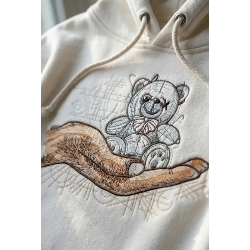 Closeup of the Crazy Teddy Bear on the Palm embroidery design, featuring a playful teddy bear motif for creative stitching.