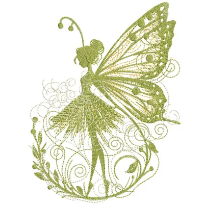 A detailed green meadow fairy embroidery design featuring intricate stitching and vibrant colors.