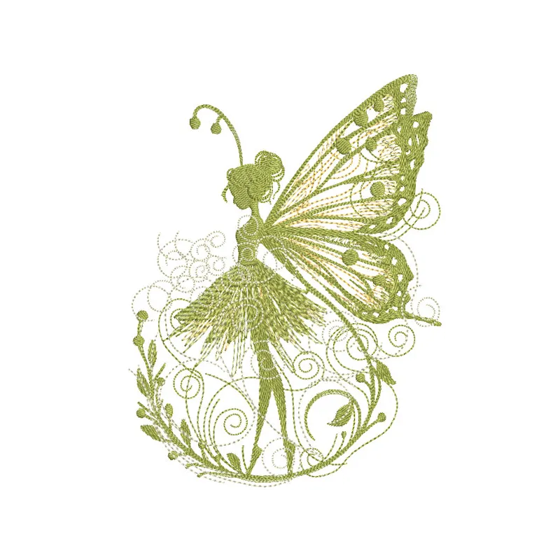 A detailed green meadow fairy embroidery design featuring intricate stitching and vibrant colors.