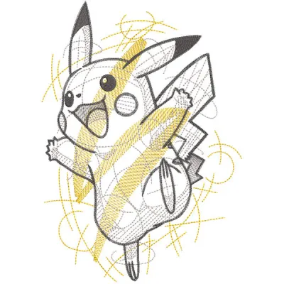 Pikachu sketch embroidery design featuring a cute, hand-drawn outline of Pikachu with detailed stitching.