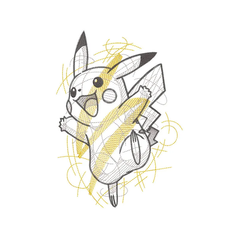 Pikachu sketch embroidery design featuring a cute, hand-drawn outline of Pikachu with detailed stitching.