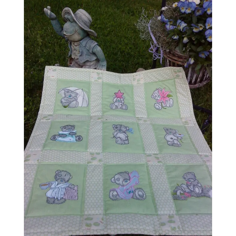 Teddy Bear with blue flower embroidery design - Embroidery Design