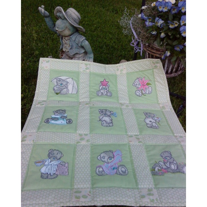 Teddy Bear with blue flower embroidery design - Embroidery Design