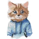 A cute cat wearing a blue hoodie, featuring an intricate embroidery design, showcasing its playful expression.