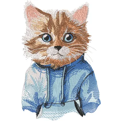 A cute cat wearing a blue hoodie, featuring an intricate embroidery design, showcasing its playful expression.