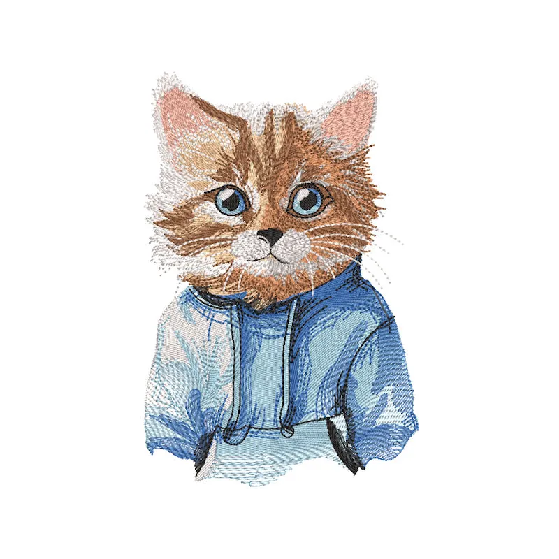 A cute cat wearing a blue hoodie, featuring an intricate embroidery design, showcasing its playful expression.