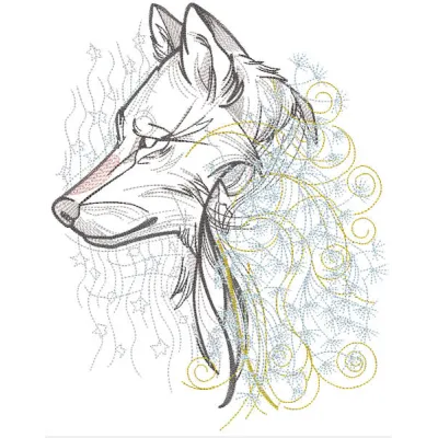 Intricate dandelion wolf embroidery design showcasing a majestic wolf intertwined with delicate dandelion elements.