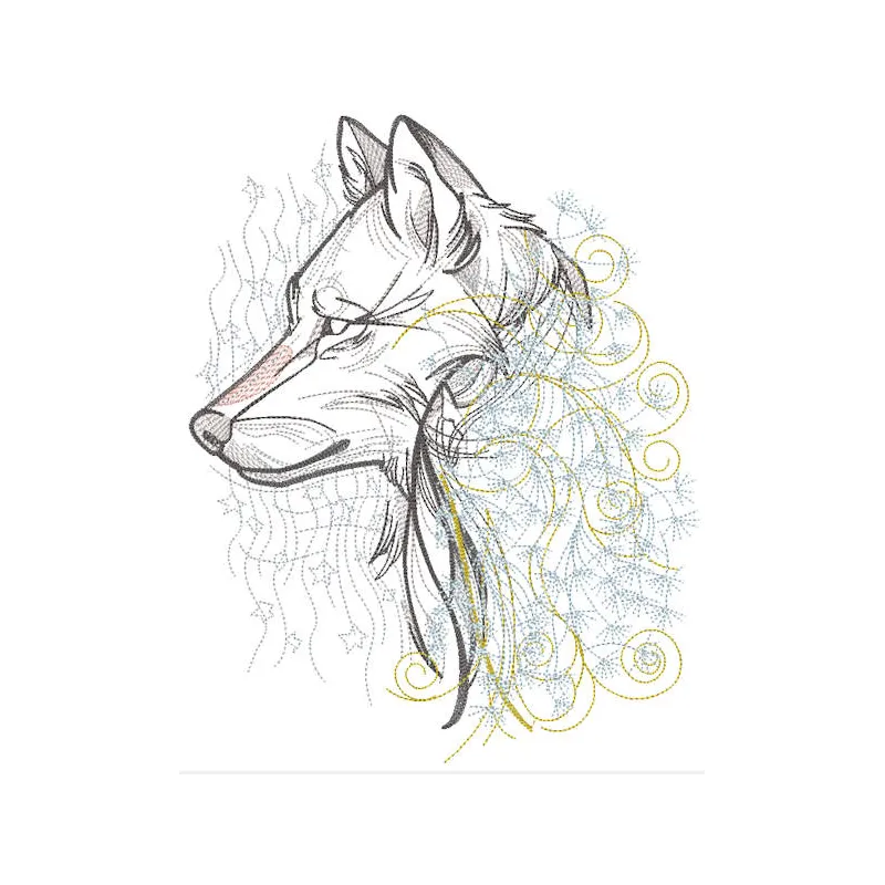 Intricate dandelion wolf embroidery design showcasing a majestic wolf intertwined with delicate dandelion elements.