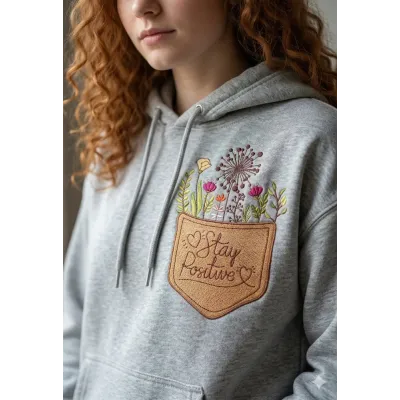 Closeup of the Pocket Stay Positive embroidery design featuring cheerful lettering for summer projects.