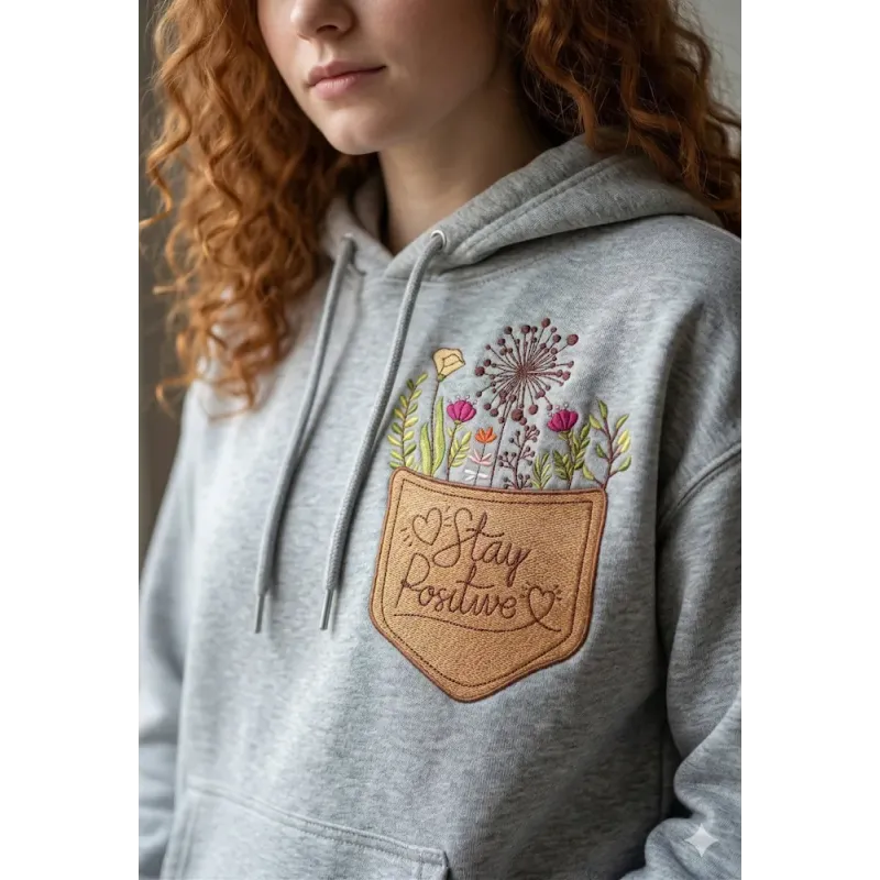 Closeup of the Pocket Stay Positive embroidery design featuring cheerful lettering for summer projects.