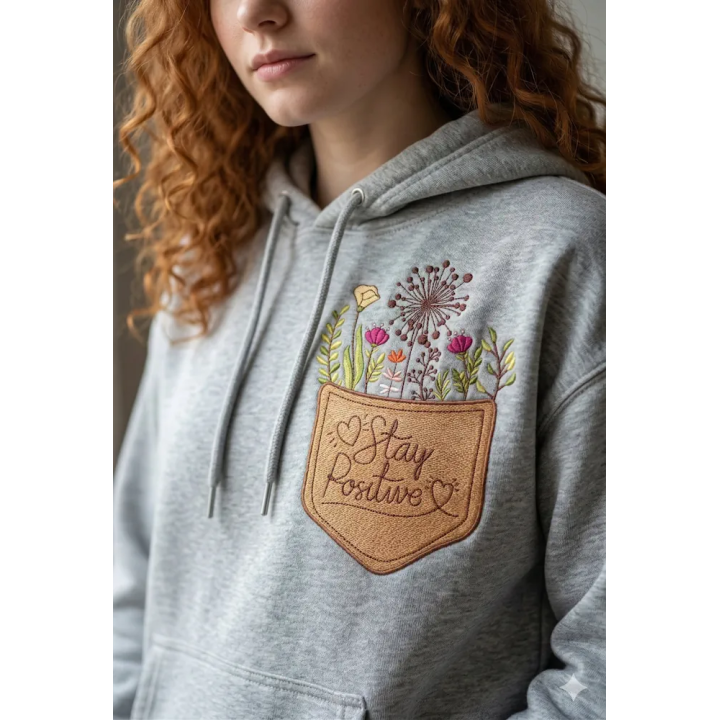 Closeup of the Pocket Stay Positive embroidery design featuring cheerful lettering for summer projects.