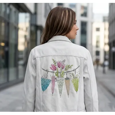 Closeup of the Summer drying umbrellas embroidery design, showcasing vibrant motifs ideal for seasonal stitching projects.