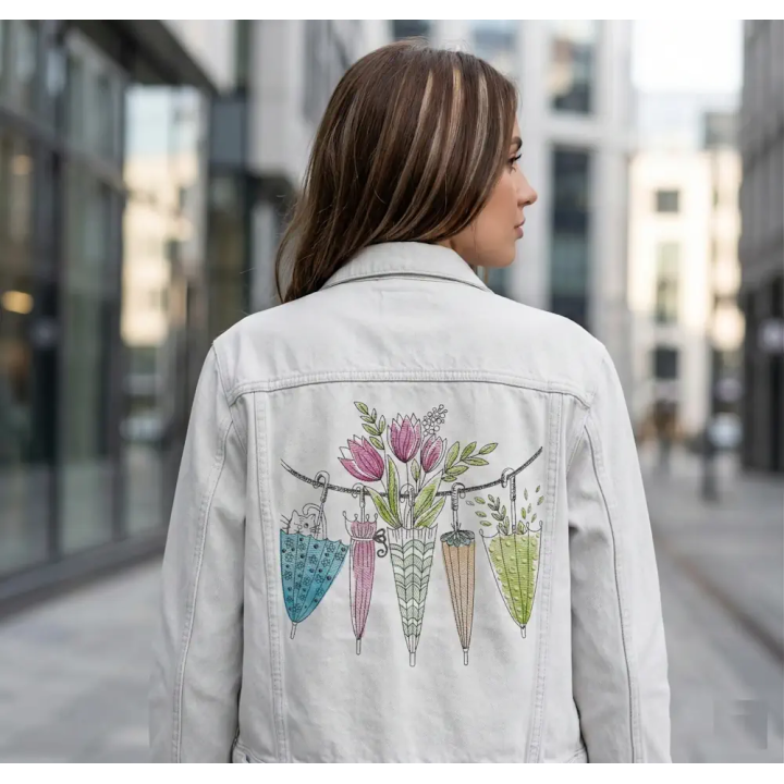 Closeup of the Summer drying umbrellas embroidery design, showcasing vibrant motifs ideal for seasonal stitching projects.