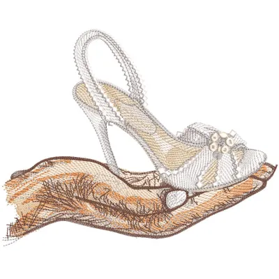 A man's palm holding a beautifully embroidered wedding shoe, showcasing intricate details, perfect for Valentine's Day.