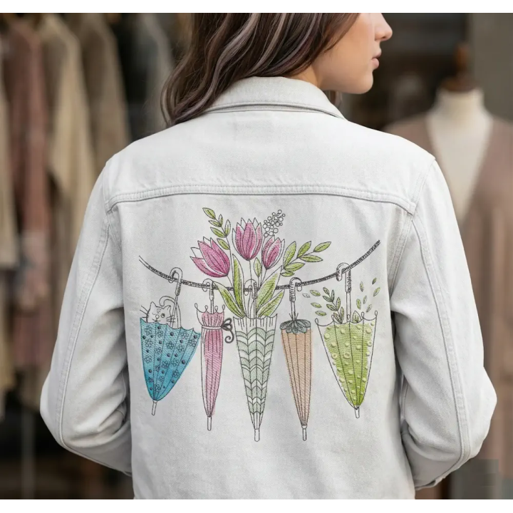 Preview of the Summer drying umbrellas embroidery design featuring colorful umbrellas, ideal for summer-themed projects.