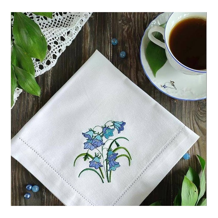 Closeup of a bluebells flowers bouquet embroidery design showcasing detailed floral stitching patterns.