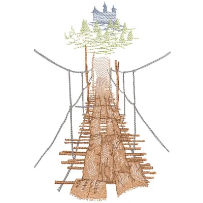 Embroidery design featuring a suspension bridge leading to a castle, showcasing summer-themed artistry.