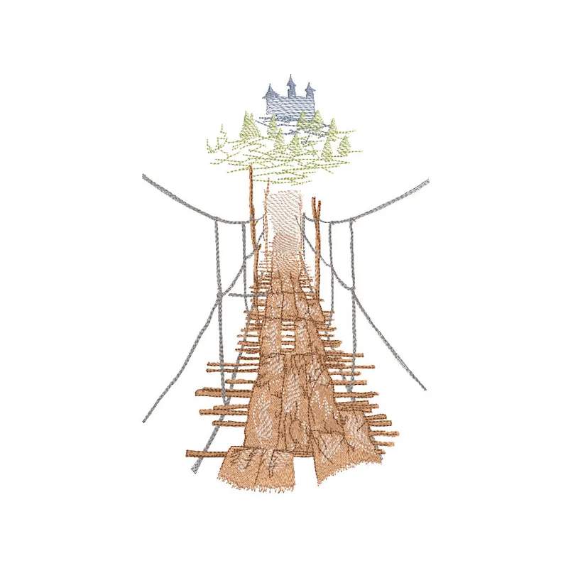 Embroidery design featuring a suspension bridge leading to a castle, showcasing summer-themed artistry.
