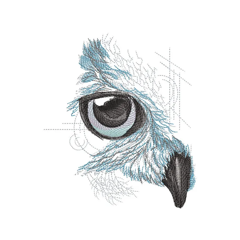 Geometric style embroidery design featuring a colorful owl with intricate patterns and shapes.