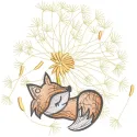 Fox cub resting under a dandelion, showcasing intricate embroidery design details.