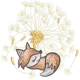 Fox cub is resting under a dandelion embroidery design - Embroidery Design